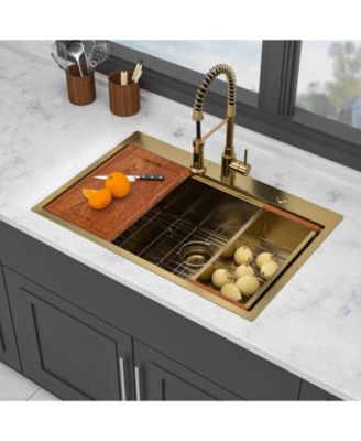 33x22x10inch Drop in Gold Kitchen Sink Workstation Stainless Steel Single Bowl 16 Gauge