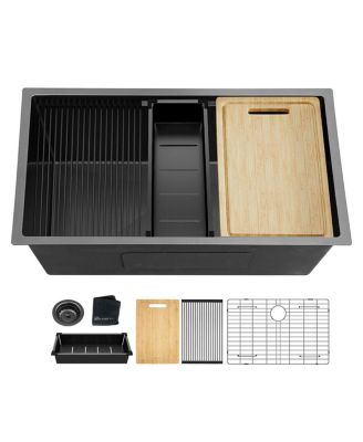 huluwat 32x19x10inch Gunmetal Black Undermount Workstation Kitchen Sink Stainless Steel 18 Gauge