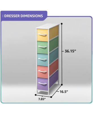 Narrow Dresser with 5 Drawers - Steel Frame, Wood Top & Easy Pull Fabric Bins