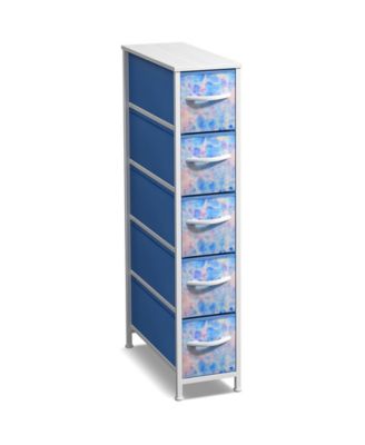 Narrow Dresser with 5 Drawers - Steel Frame, Wood Top & Easy Pull Fabric Bins