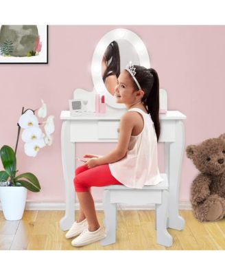 Kids Vanity Set with Makeup Desk and Chair, Girls Dressing Table Playset, White