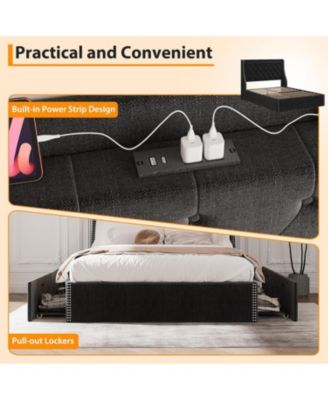 Wingback Headboard 4-Drawer Velvet Upholstered Platform Bed Frame with Charging Station