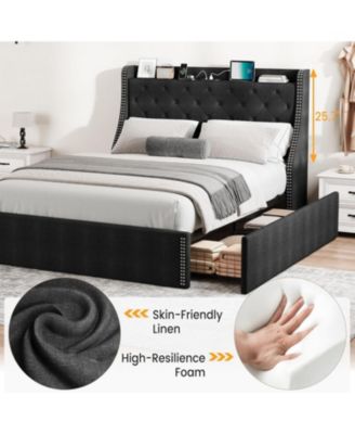 Wingback Headboard 4-Drawer Velvet Upholstered Platform Bed Frame with Charging Station