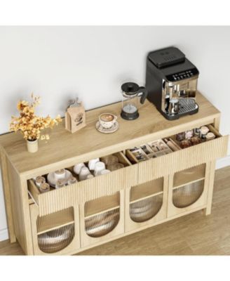 55" Large Sideboard Buffet Cabinet with Storage, 4 Glass Doors & Fluted Drawer Fronts, Beige/Khaki