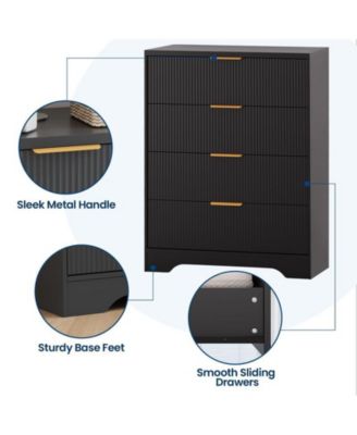 Fluted Dresser for Bedroom, 4-Drawer Wooden Storage Chest, Black