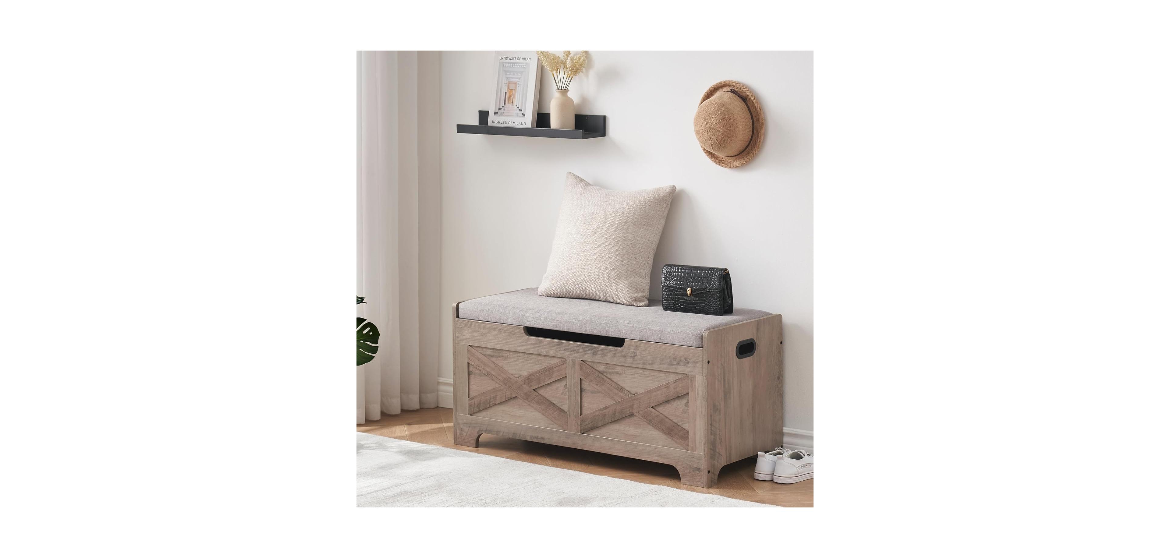 gaomon 39.4" Wooden Storage Chest Entryway Bench, Toy Organizer Trunk with Safety Hinges for Bedroom and Living Room, Grey