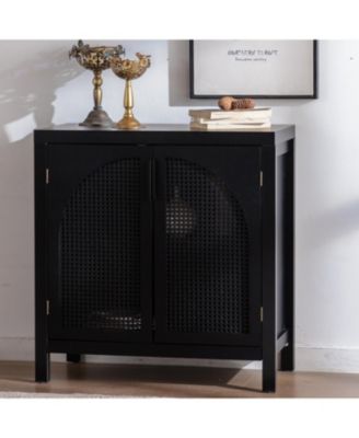 Black Rattan Accent Cabinet with Doors & Adjustable Shelf