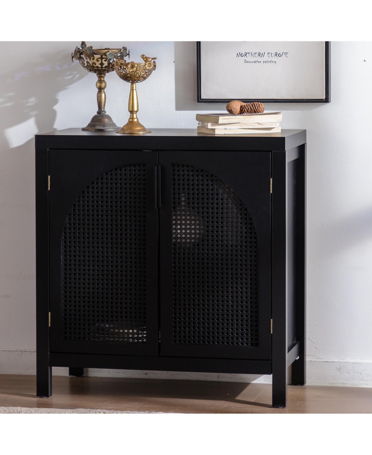 Streamdale Furniture Black Rattan Accent Cabinet with Doors & Adjustable Shelf