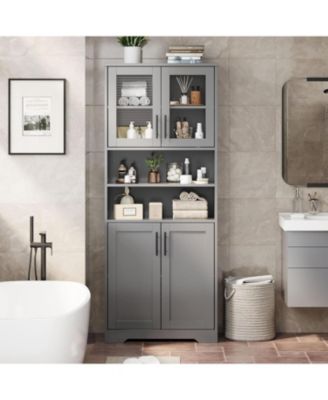 67" Wooden Tall Storage Cabinet with Glass Doors and Adjustable Shelves