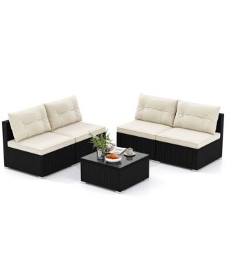 5 Pieces Outdoor Furniture Set with Seat & Back Cushions Tempered Glass Tabletop