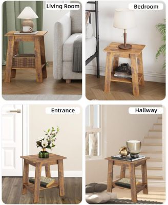 Farmhouse Side Table, Set of 2 Small Wooden End Table with 2-Layer Storage Shelves, Sofa Table for Small Space, Easy Assembly