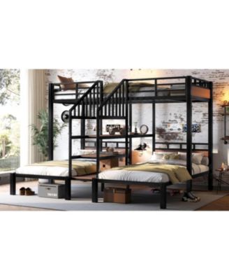 Triple Metal Bunk Bed with Shelves & Stairs
