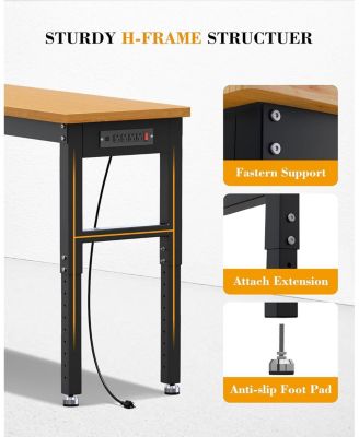 60 Inch Work Bench, 2200 LBS Capacity Solid Wood Top Garage Workbench, Adjust Height Work Table with Power Outlets & Sturdy Steel Frame