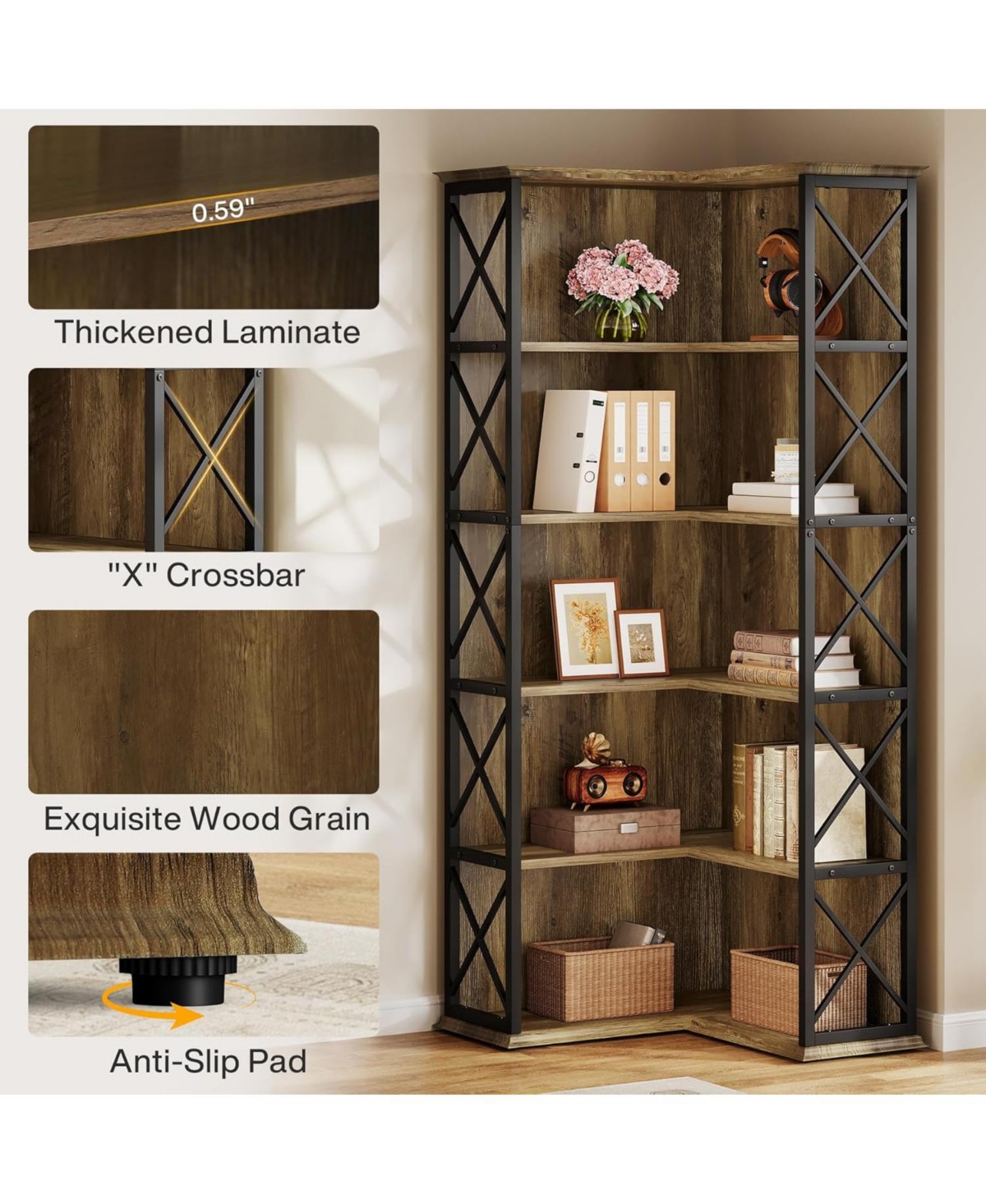 Tribesigns 71 Inch Tall Corner Pantry, 5-Tier Industrial Corner Storage Shelf, Wood and Metal L-Shaped Kitchen Cabinet