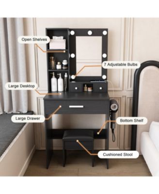Vanity Table with LED Lights, Power, Hairdryer Holder & Stool - Black