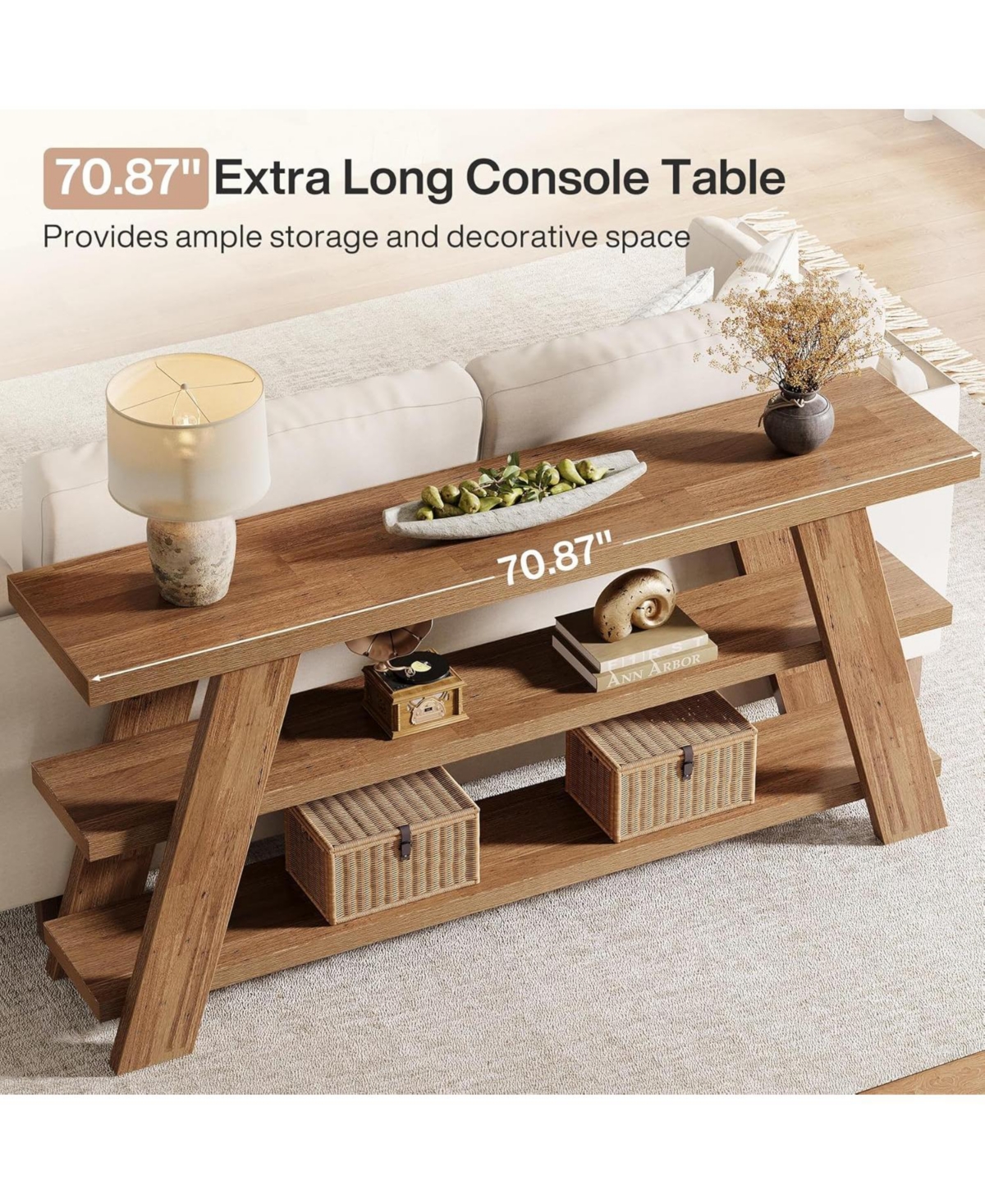 Tribesigns 70.9" Extra Long Console Table with Storage, 3-Tier Narrow Wooden Sofa Table Behind The Couch, Farmhouse Entry Foyer Table