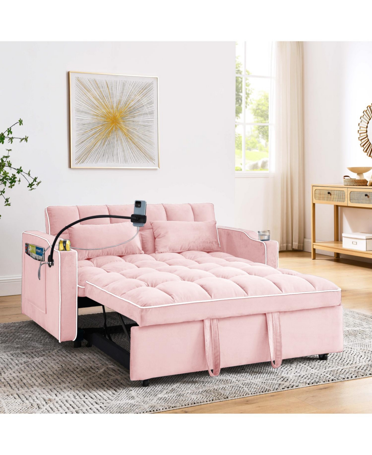 Streamdale Furniture 55" Versatile Foldable Sofa Bed with Usb Port, Ashtray, and Phone Stand