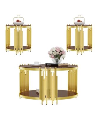 31.5" Modern Gold Coffee Table, Brown Tempered Glass, Stainless Steel Legs