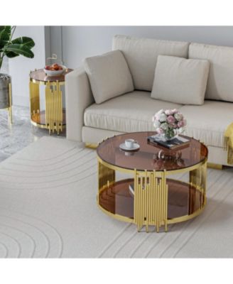 31.5" Modern Gold Coffee Table, Brown Tempered Glass, Stainless Steel Legs