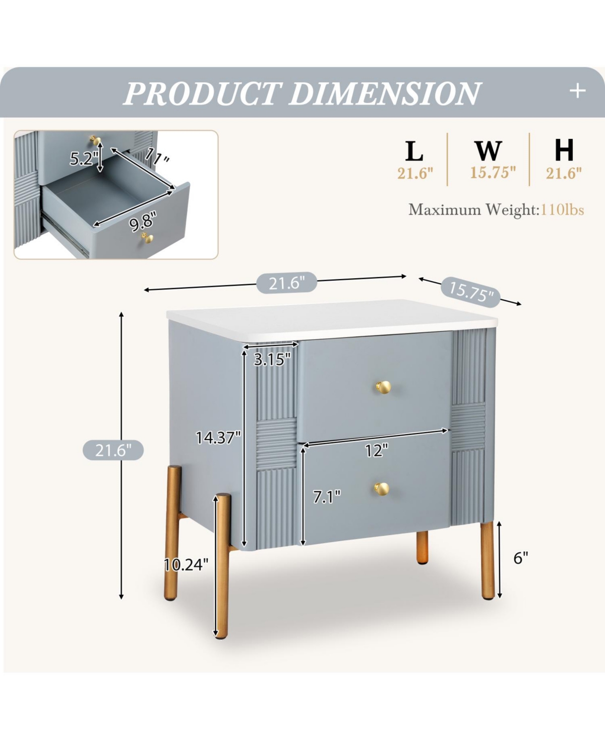 Streamdale Furniture Modern Black Nightstand with Fluted Drawers & Gold Accents