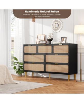 Rattan 7 Drawer Dresser for Bedroom, Tall Chest of Drawers with Deep Storage and Wide Top, Black