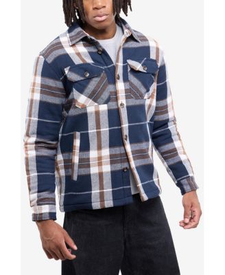 Men's Cotton Plaid Flannel Button-Up Shirt Jacket With Faux Shearling Lining