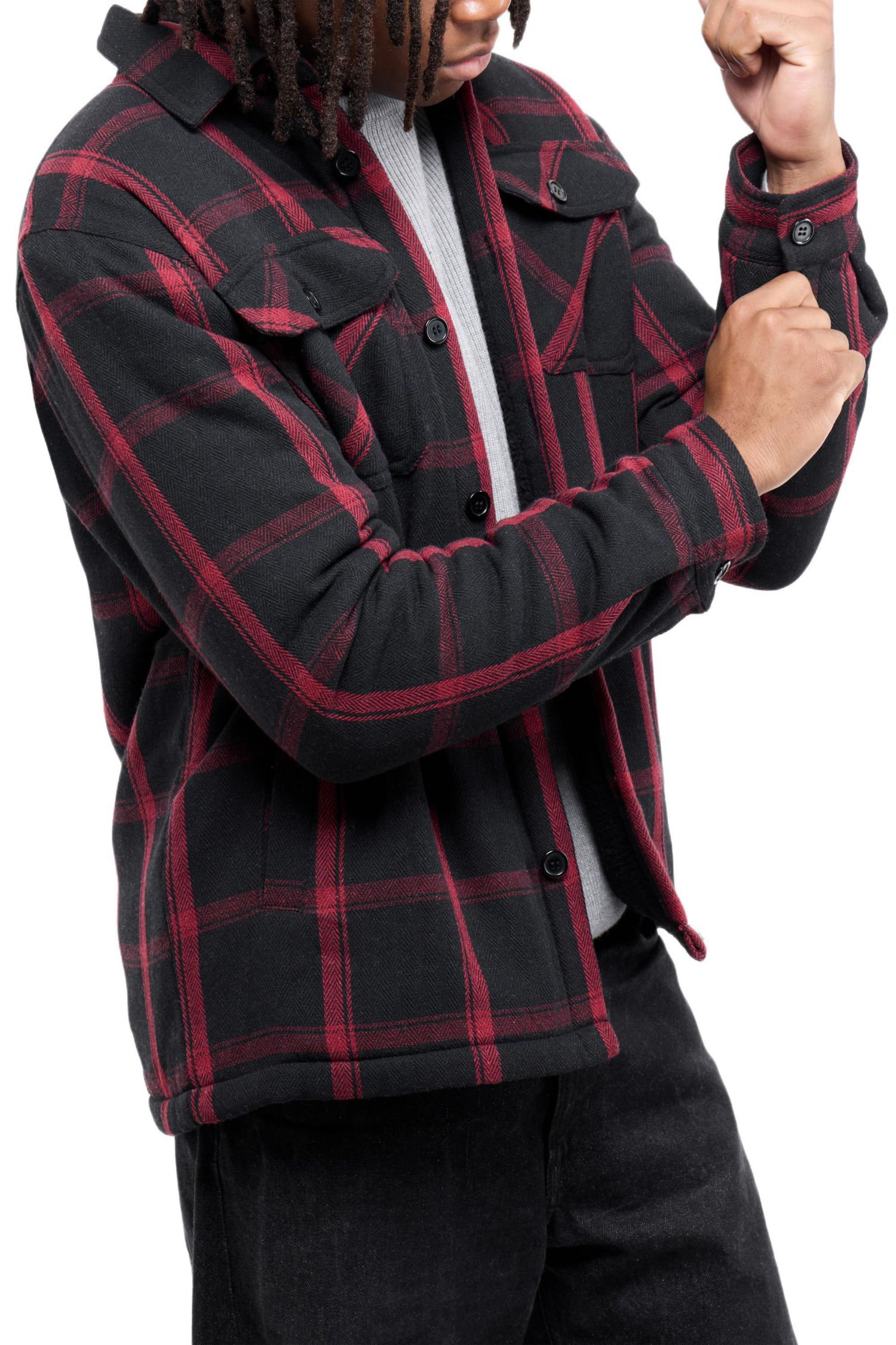 Men's Cotton Plaid Flannel Button-Up Shirt Jacket With Faux Shearling Lining