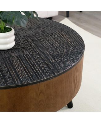 31.5" Round Carved Coffee Table with Storage - Mid-Century Modern (Brown/Black