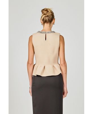 Women's Jewel Trim Neck Peplum Knit Top