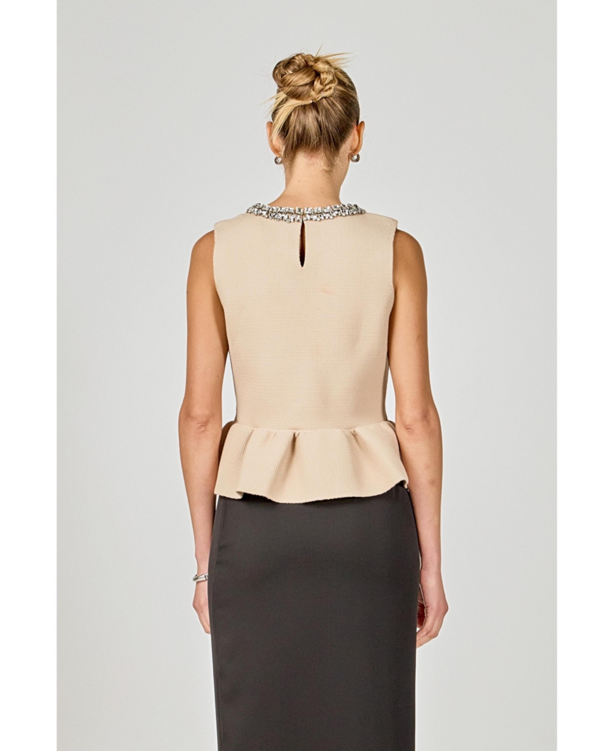 endless rose Women's Jewel Trim Neck Peplum Knit Top