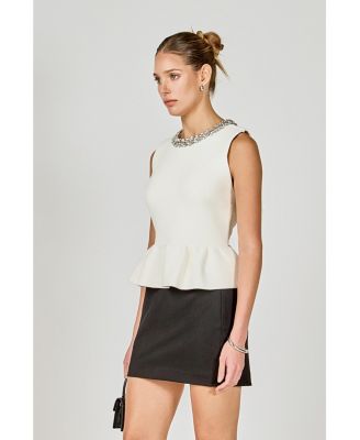 Women's Jewel Trim Neck Peplum Knit Top