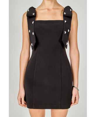 Women's Mini Dress With Rhinestone & Pearl Embellised Bow