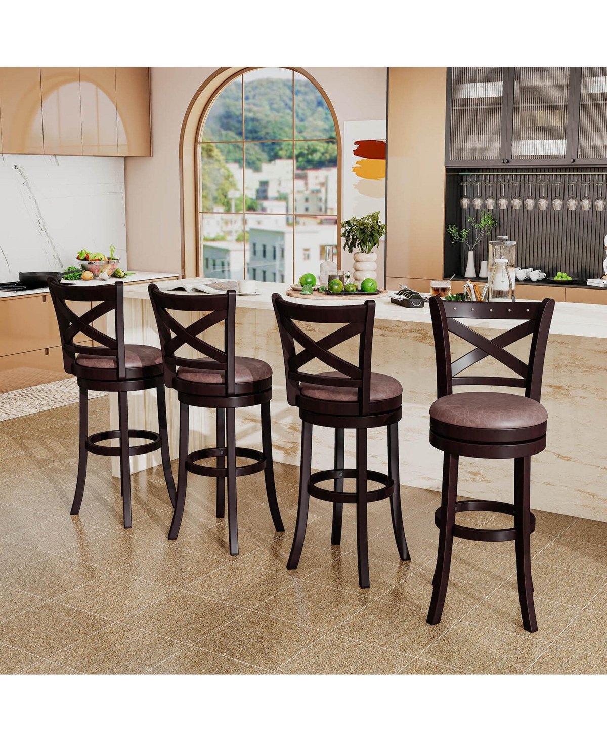Costway 29" Swivel Bar Stools Footrest & Rubber Wood Frame for Kitchen Island
