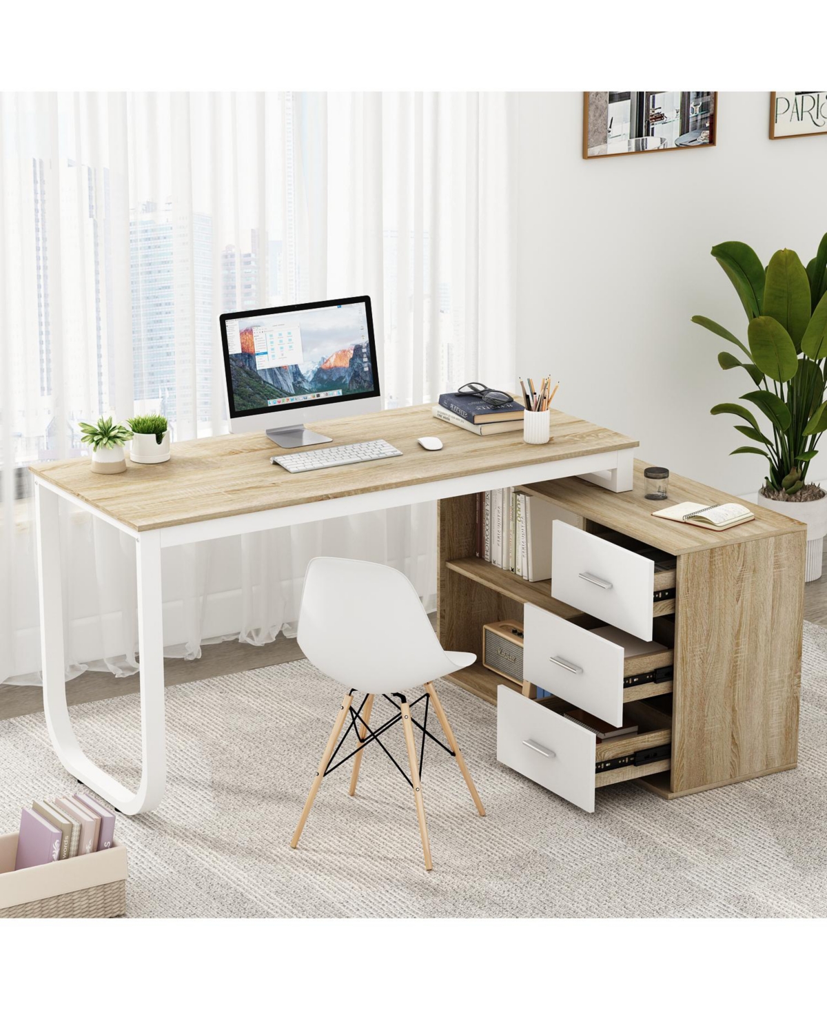 Famapy 55.1 in. L-Shaped Brown Wood Computer Desk Writing Office Executive W/Removable Tabletop, Shelves, 3-Drawers