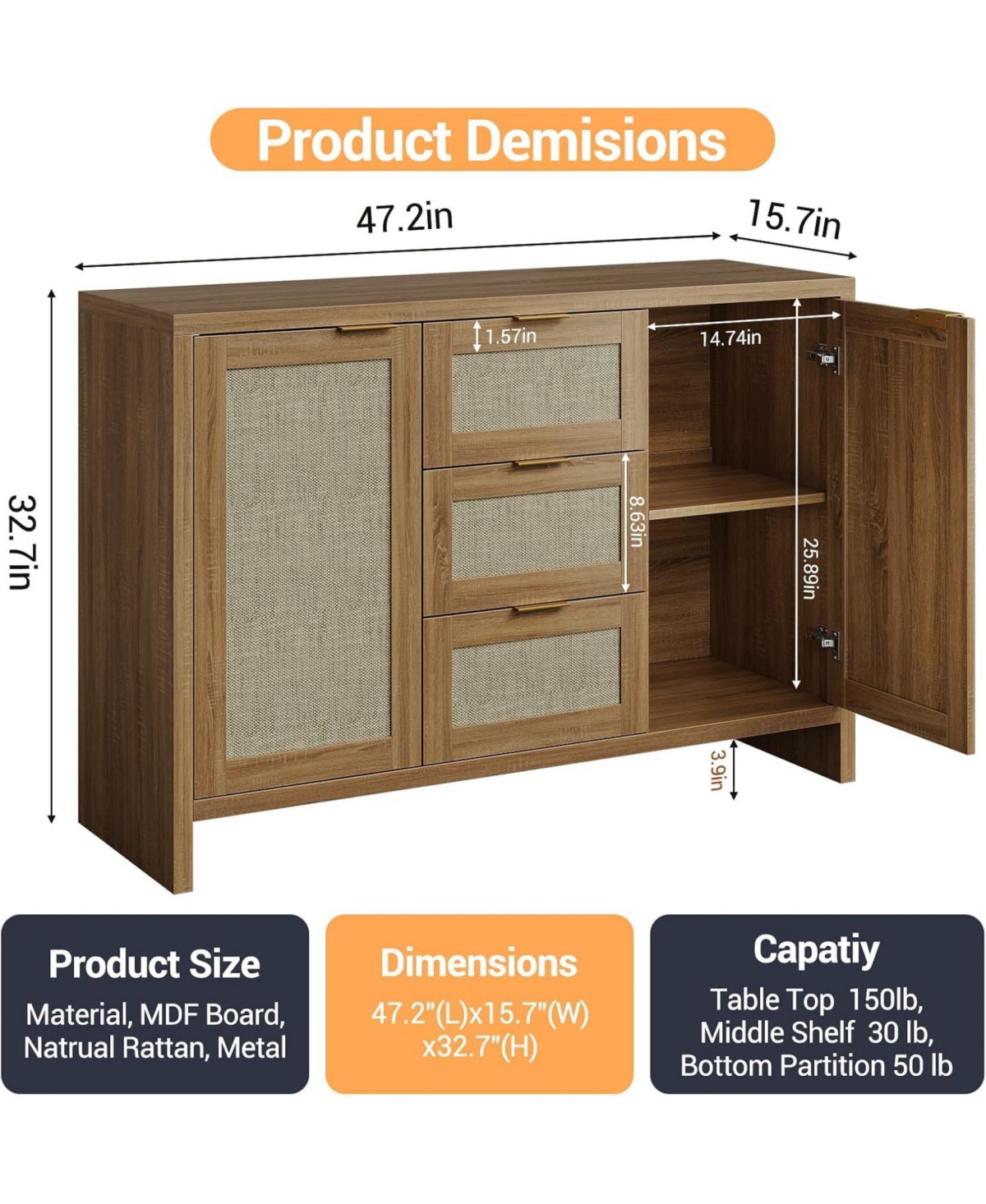 gaomon 47" Rattan Buffet Sideboard Cabinet, Boho Credenza with Drawers and Doors for Living Room, Brown
