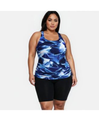 Women's Plus Size Maya Tankini Swim Top With Built-In Bra and Black Long Bike Swim Shorts