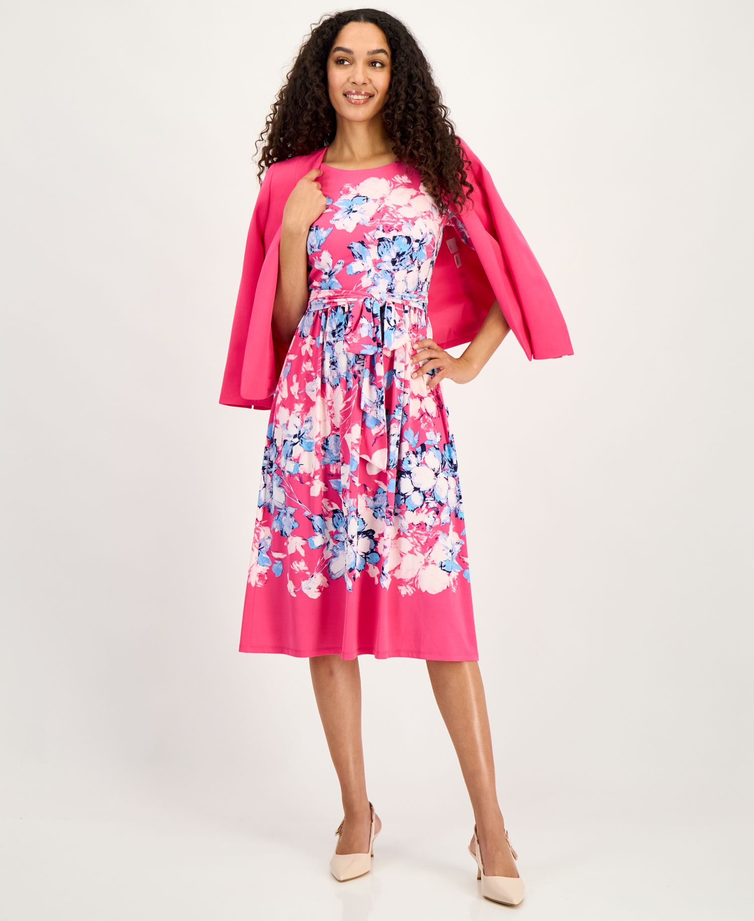 Women's Printed Tie-Waist Midi Dress, Regular & Petite