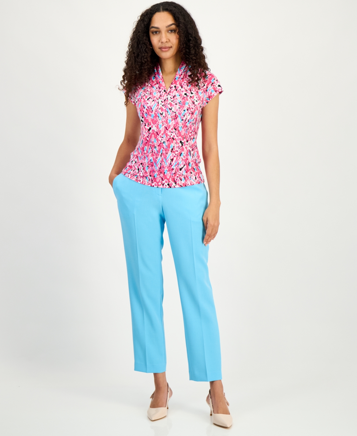 Kasper Women's Printed V-Neck Cap-Sleeve Blouse, Regular & Petite