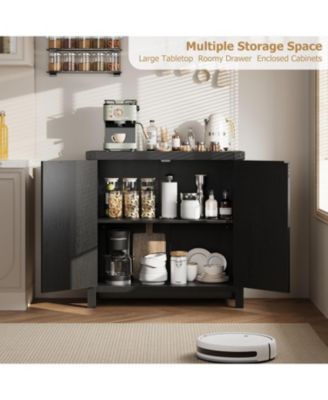 Rattan Sideboard Buffet Cabinet, Farmhouse Boho Coffee Bar Storage Console for Dining Room or Hallway, Black