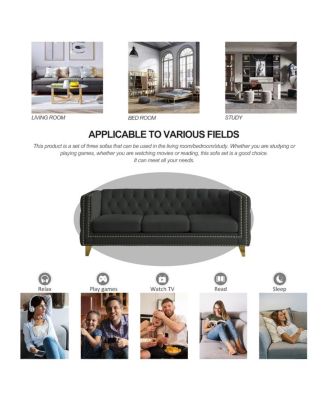  Velvet Sofa for Living Room, Tufted Square Arm Couch, Modern Upholstered Button & Metal Legs