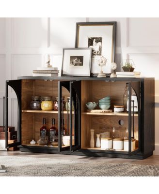  4-Door Large Storage Sideboard Buffet Cabinet with Glass Doors (Black