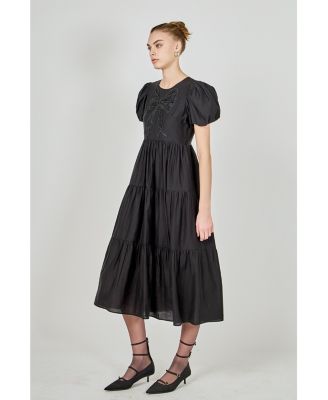 Women's Bow Puff Sleeve Midi Dress