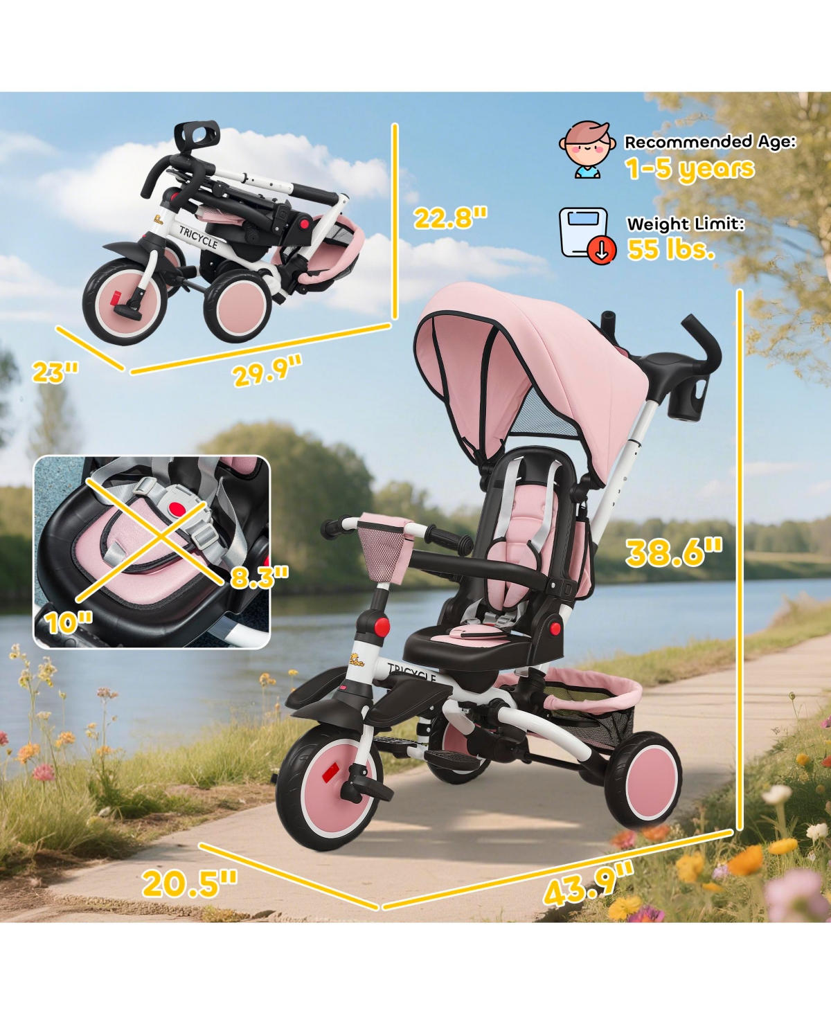 Qaba 6 in 1 Kids Tricycle with Adjustable Push Handle for 1-5 Years,