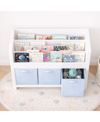Kids Bookshelf with 3 Tier Storage & 3 Fabric Bins, Wooden Toddler Bookcase