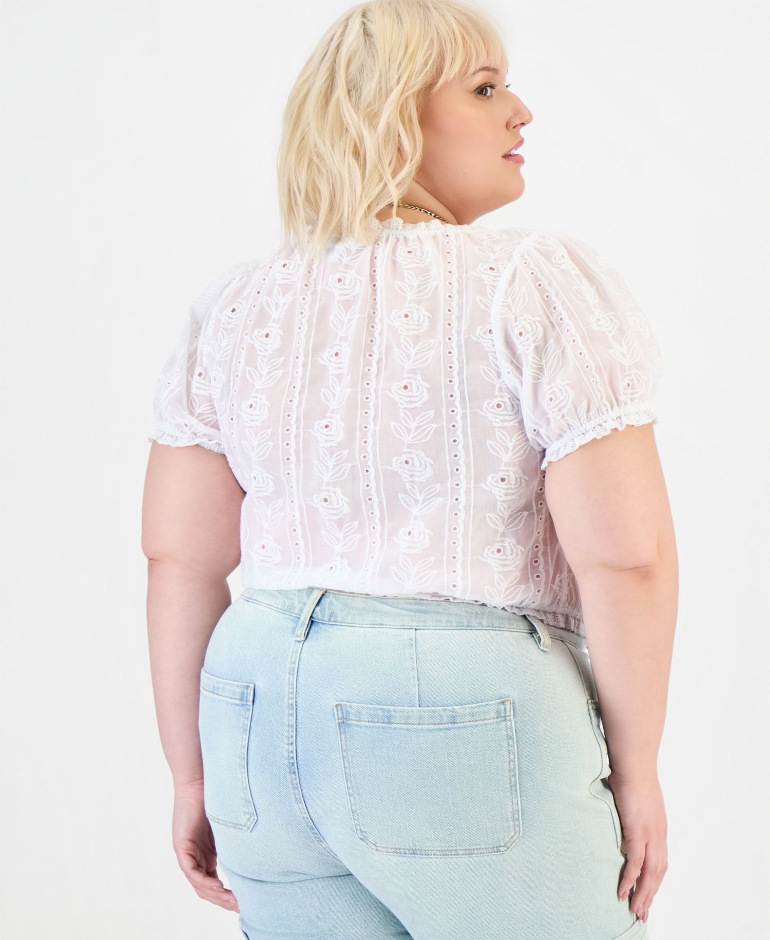 Plus Size Cotton Embroidered Cropped Blouse
