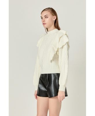 Women's Cable Knit Ruffled Sweater
