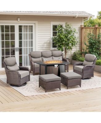 Crescent Brown Wicker Fire Pit Conversation Set with Olefin 6 In. Thick Cushions Patio Swivel Chairs (7-Piece)