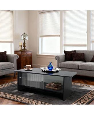 Rectangular Modern Minimalist Coffee Table with Sliding Glass Door Storage