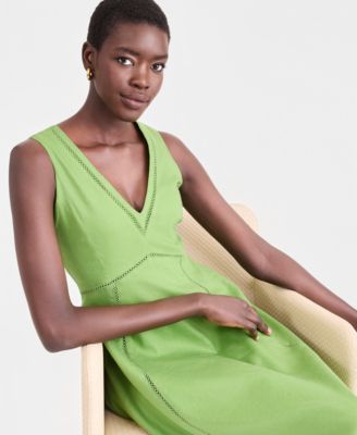 Women's Sleeveless V-Neck Linen-Blend Midi Dress