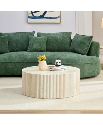 Faux travertine Round Coffee Table with Eye-Catching Relief Design, Travertine